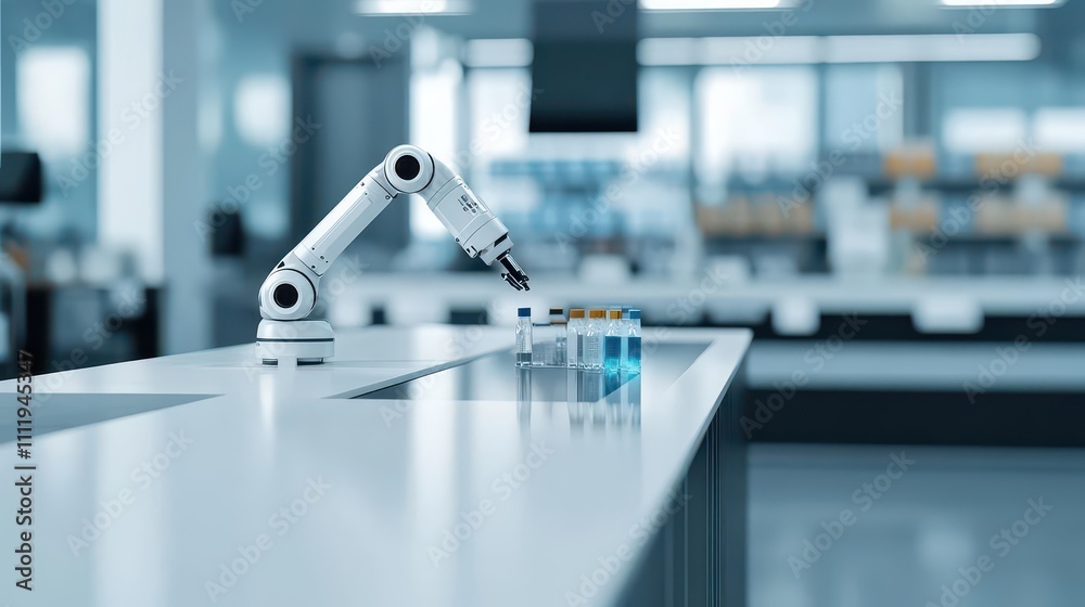 A sleek checkout counter where a robotic arm scans items, side view, blending robotics with retail efficiency, advanced tone, Monochromatic Color Scheme A sleek checkout counter where a robotic arm scans items, side view, blending robotics with retail efficiency, advanced tone, Monochromatic Color Scheme