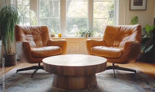 Livingroom, two leather chair at wooden round coffee table in Mid - century home interior design of modern living room