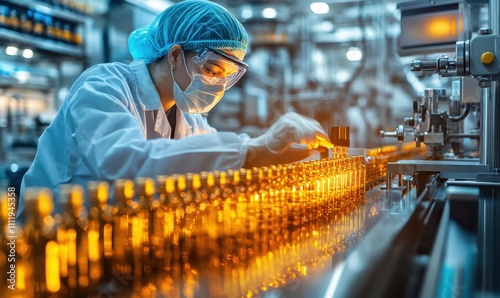 Scientist wear face mask checking Medical vials on production line at pharmaceutical factory, Pharmaceutical machine working pharmaceutical glass bottles production line