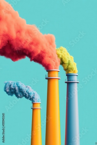 Smokestacks releasing vibrant colored smoke into clear skies, industrial pollution, symbolizing environmental awareness and pollution impact