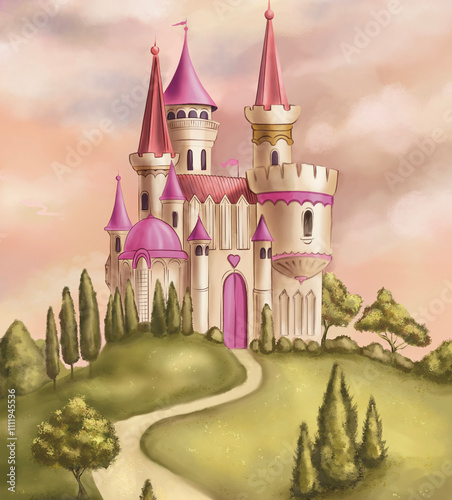 Bilde på lerret Fantasy Pink Castle in a Fairytale Landscape