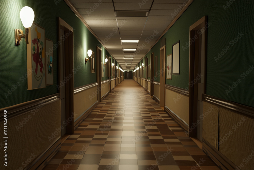 Long hallway with wooden floors and soft lighting at night Long hallway with wooden floors and soft lighting at night