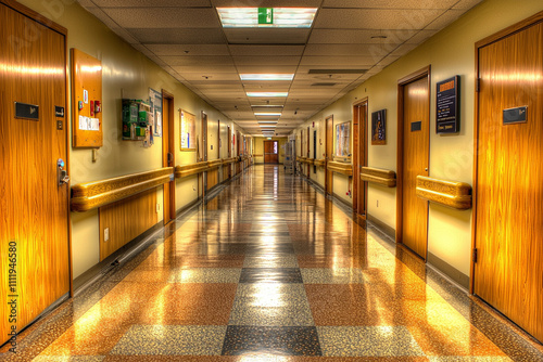 Hospital corridor lined with doors and bright lighting