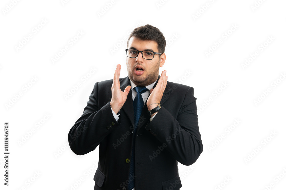 Male entrepreneur making surprised expression and gesture Male entrepreneur making surprised expression and gesture