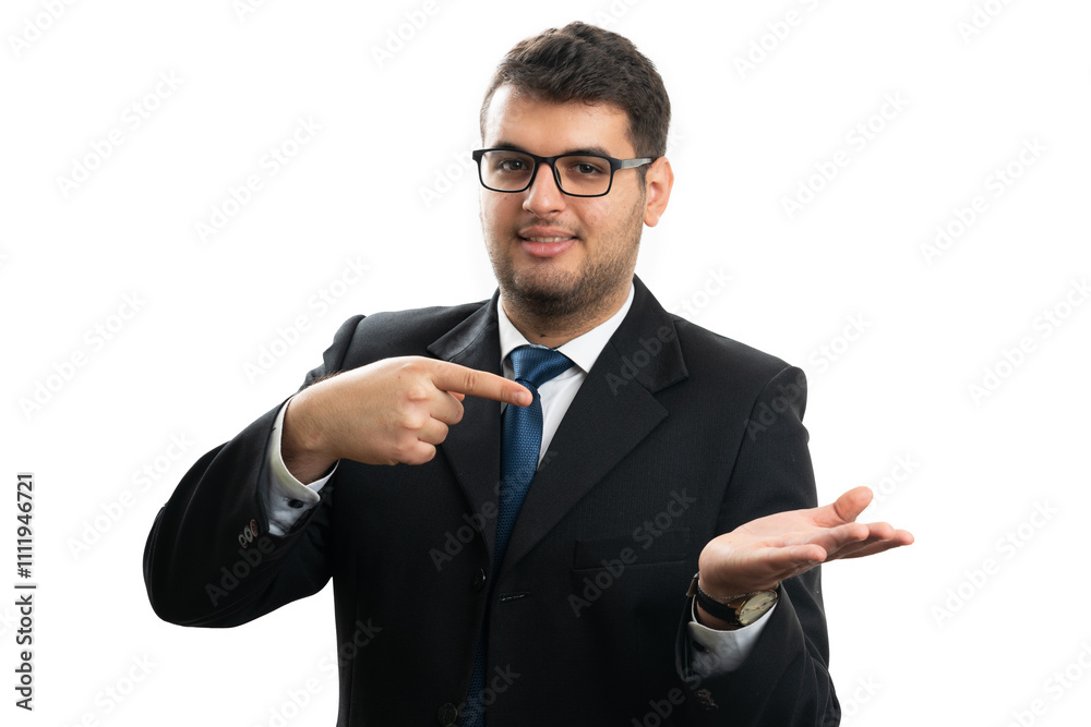 Entrepreneur pointing index finger at blank copyspace in palm Entrepreneur pointing index finger at blank copyspace in palm