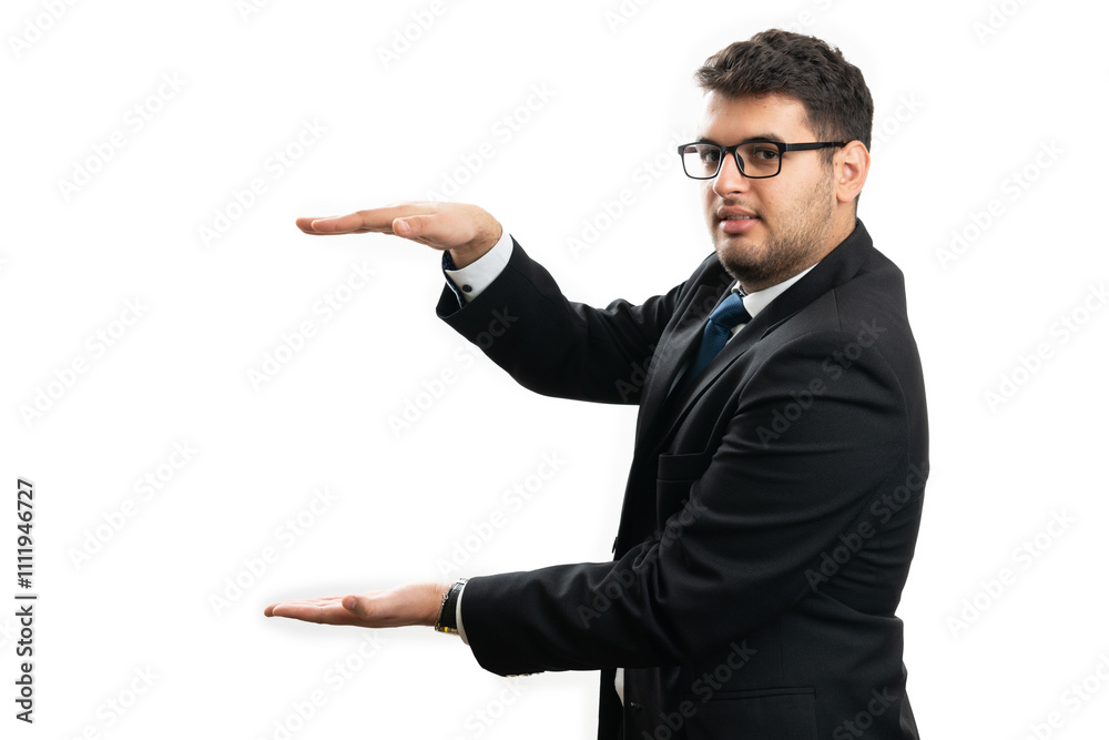 Adult businessman holding copyspace between palms presenting Adult businessman holding copyspace between palms presenting