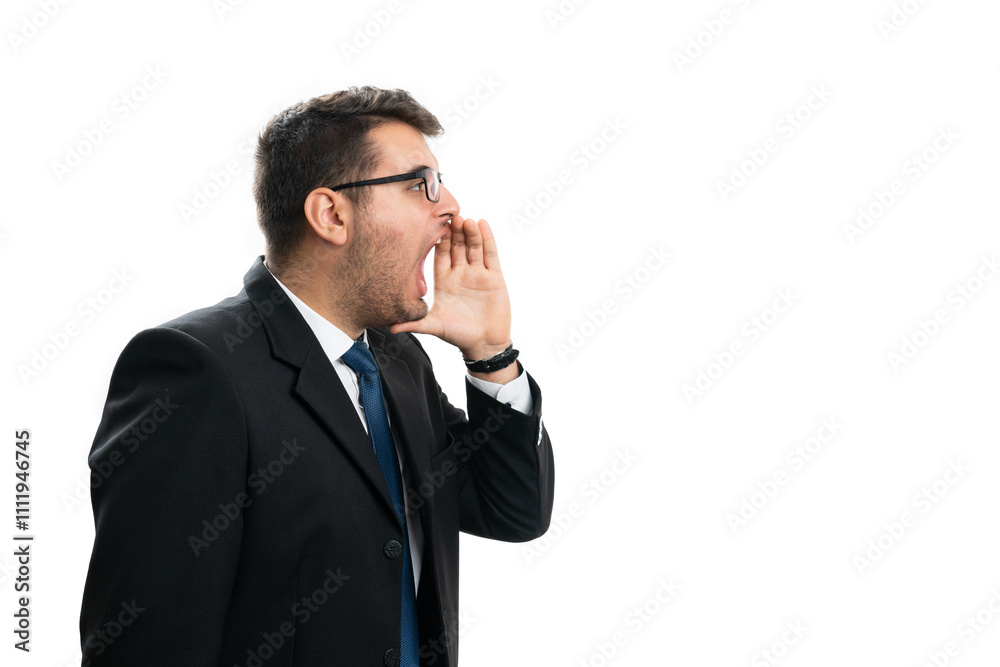 Male entrepreneur making yelling gesture with blank copyspace Male entrepreneur making yelling gesture with blank copyspace