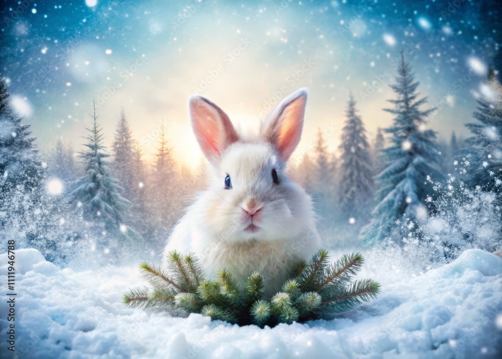 Adorable Fluffy White Bunny Rabbit Playing in a Snowy Landscape with Pine Trees and Soft Snowflakes Falling, Captured in Beautiful Double Exposure Photography Style Adorable Fluffy White Bunny Rabbit Playing in a Snowy Landscape with Pine Trees and Soft Snowflakes Falling, Captured in Beautiful Double Exposure Photography Style