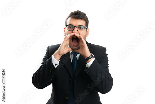 Corporate businessman making screaming gesture using hands