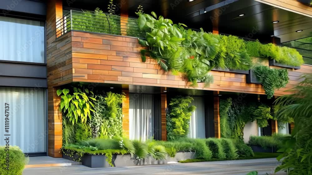 A modern building facade covered in lush greenery, featuring wooden panels and a landscaped pathway.