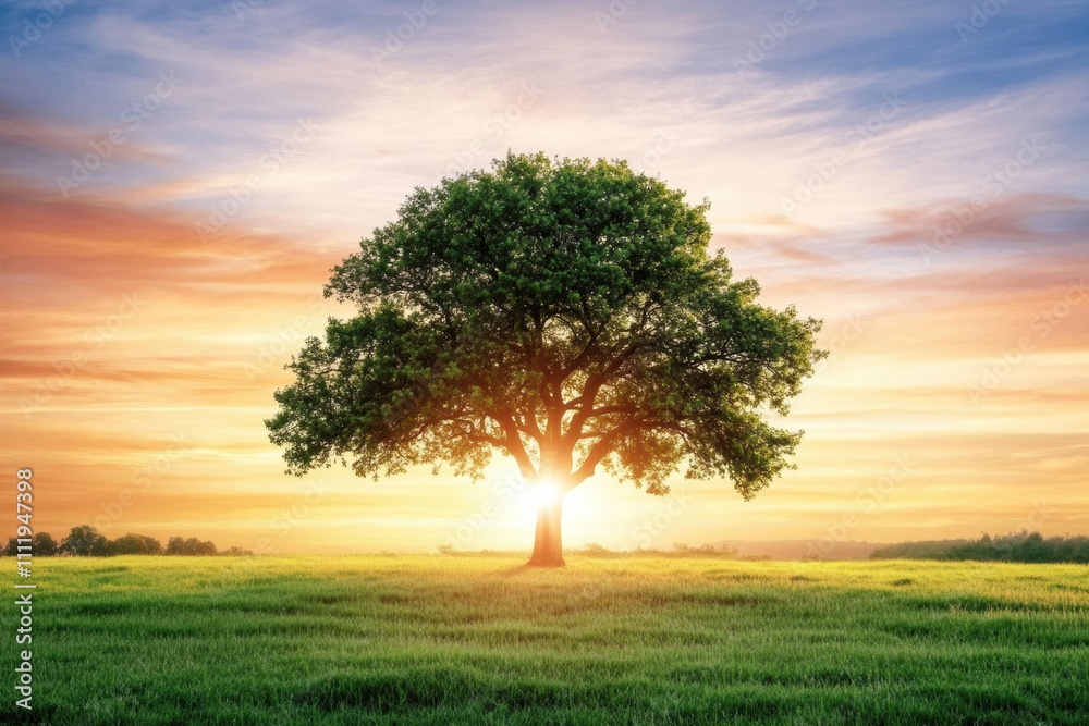 Fototapeta premium A solitary tree rises in an open field as the sun sets, casting warm hues across the sky and providing a serene backdrop for reflection. Generative AI