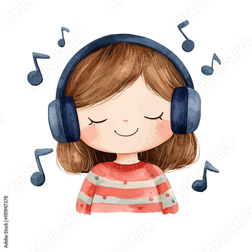 Peaceful Melodies: A watercolor illustration of a cute girl serenely listening to music with headphones on, surrounded by musical notes.  