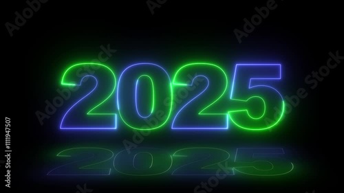 Neon glittering 2025 text on reflection festive background, Christmas and new year celebration. Text new year 2025 blue and green neon effect animation