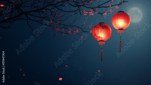 Dark blue banner with traditional red Chinese lanterns hanging from a tree branch. Copy space, free space for text