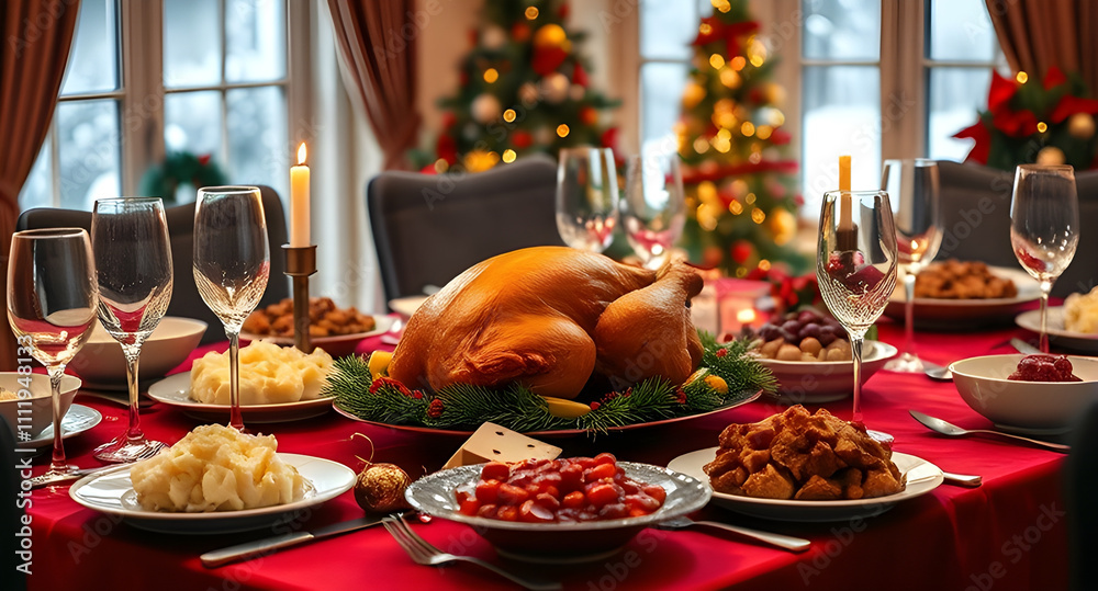 Lavish Christmas Dinner Table with Roasted Turkey and Festive Decor Lavish Christmas Dinner Table with Roasted Turkey and Festive Decor