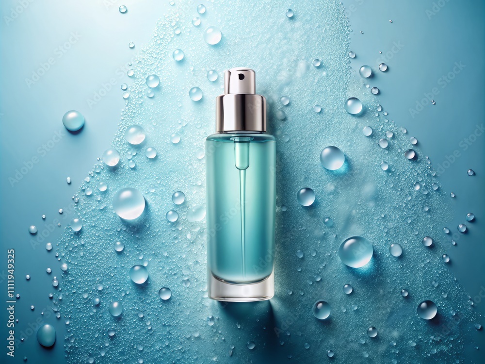 Aesthetic Low Light Photography of a Cosmetic Bottle with Water Drops on a Soft Light Blue Background, Perfect for Product Promotion and Marketing with Space for Text Aesthetic Low Light Photography of a Cosmetic Bottle with Water Drops on a Soft Light Blue Background, Perfect for Product Promotion and Marketing with Space for Text