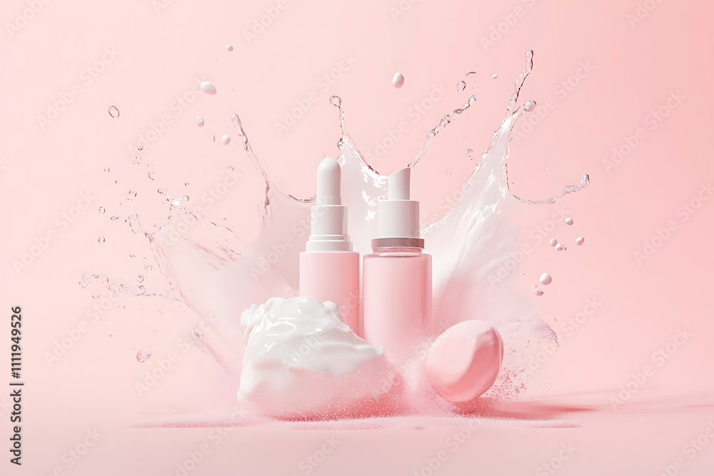 A vibrant and energetic mockup showcasing cosmetic products bursting outward as if in an explosion A vibrant and energetic mockup showcasing cosmetic products bursting outward as if in an explosion