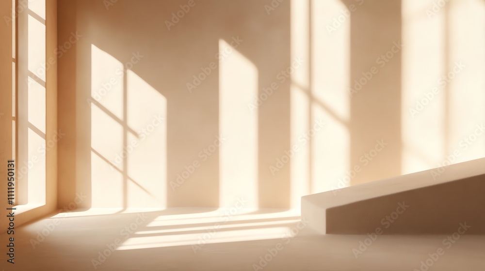 A white platform with a white background and sunlight coming through a window. A white platform with a white background and sunlight coming through a window.