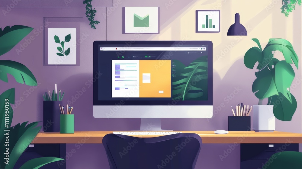 Interactive graphic design tutorial setup, modern workspace with plants