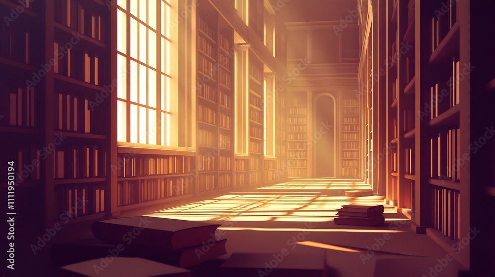 Morning Light Streams Through Ornate Library Windows Illuminating Shelves of Books Morning Light Streams Through Ornate Library Windows Illuminating Shelves of Books