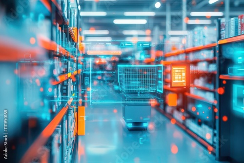 A visual of cashierless checkout system scanning entire cart, top view, reimagining retail efficiency, scifi tone, Complementary Color Scheme photo