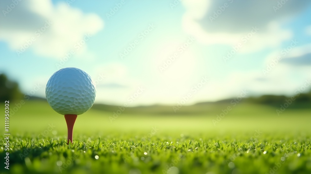 A pristine golf ball poised on a tee, ready to soar against a stunning backdrop of a sunny landscape. A pristine golf ball poised on a tee, ready to soar against a stunning backdrop of a sunny landscape.
