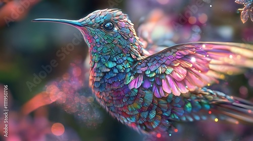 Vibrant iridescent hummingbird in flight with colorful feathers