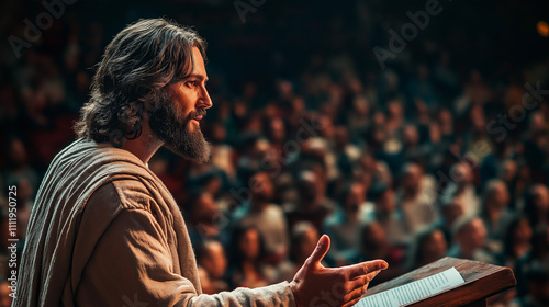 Jesus, sermon and crowd in temple with divine light for faith, teaching and Christian inspiration. Religion, savior addressing followers for spirituality, worship and biblical guidance