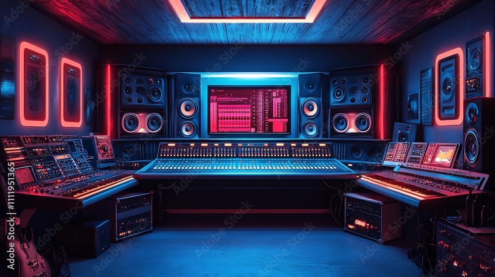 Futuristic Music Recording Studio with Neon Lights and High Tech Equipment Futuristic Music Recording Studio with Neon Lights and High Tech Equipment