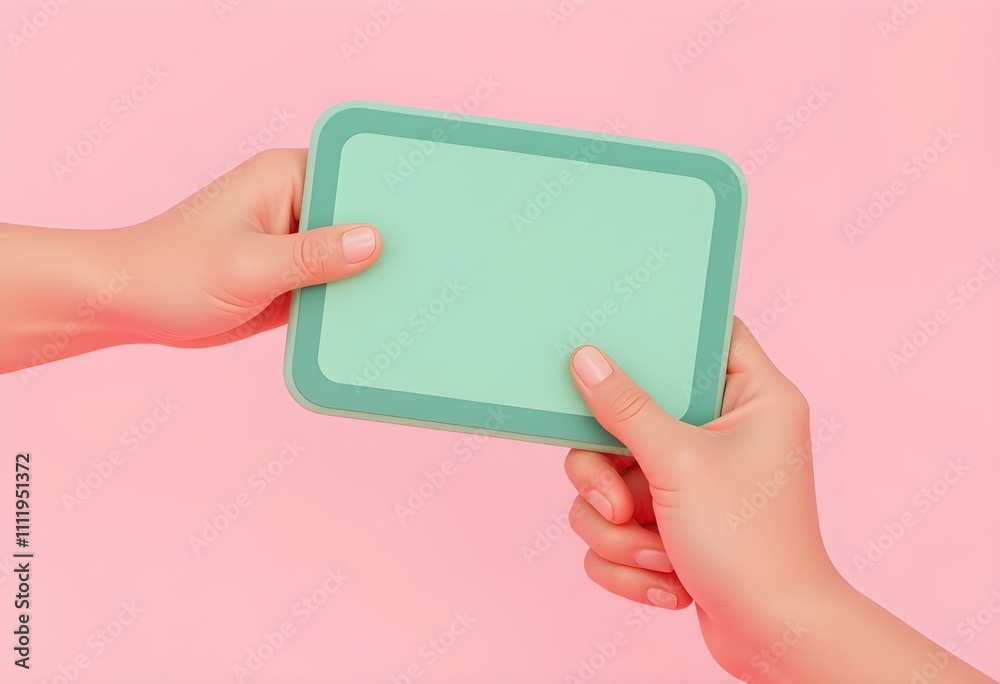 3d Hand holding ipad or tablet pc. Ipad mockup. Editable template. Touching screen with finger. Vector illustration