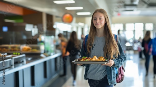 A young girl is walking in a school cafeteria, smiling as she holds a tray of food in hands. Middle school student with backpack during recess in American public school setting. Pupil having lunch.