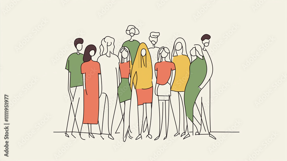 Group of young people in casual outfits with colorful illustration for teamwork, friendship and diversity. Youth, modern fashion and sketch style for community, creativity or urban lifestyle Group of young people in casual outfits with colorful illustration for teamwork, friendship and diversity. Youth, modern fashion and sketch style for community, creativity or urban lifestyle