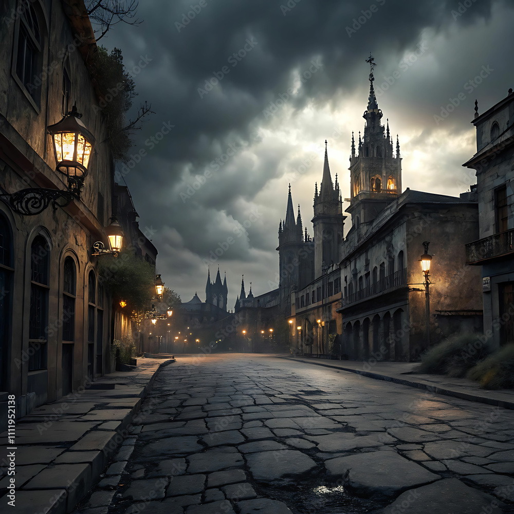 Fototapeta premium A City of Decaying Spires, Cracked Streets, Dark Clouds, and Flickering Lanterns