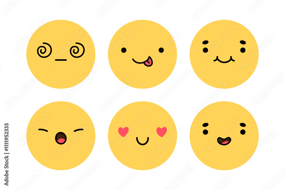A cute emoji set with different facial expressions. Yellow characters with happy, joyful, disappointed, surprised, playful mood. Vector flat illustration. Perfect for social media, stickers. A cute emoji set with different facial expressions. Yellow characters with happy, joyful, disappointed, surprised, playful mood. Vector flat illustration. Perfect for social media, stickers.