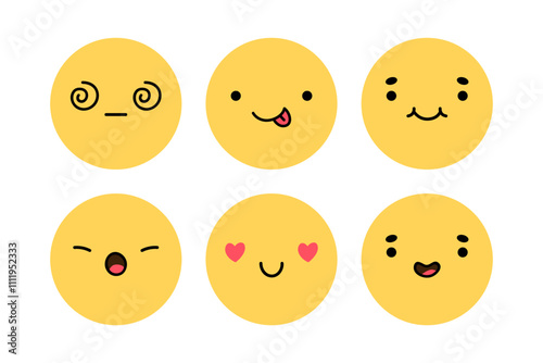 A cute emoji set with different facial expressions. Yellow characters with happy, joyful, disappointed, surprised, playful mood. Vector flat illustration. Perfect for social media, stickers.