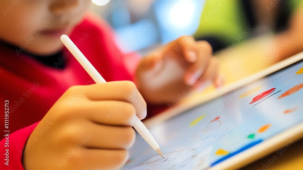 A child uses a stylus to draw on a tablet. A child uses a stylus to draw on a tablet.