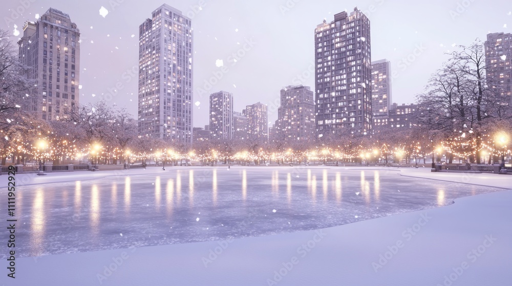 Fototapeta premium Majestic Winter Cityscape with Frozen Pond and Sparkling Buildings - Photorealistic Urban Panorama