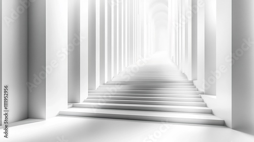 White Architectural Hallway with Symmetrical Columns and Vanishing Perspective