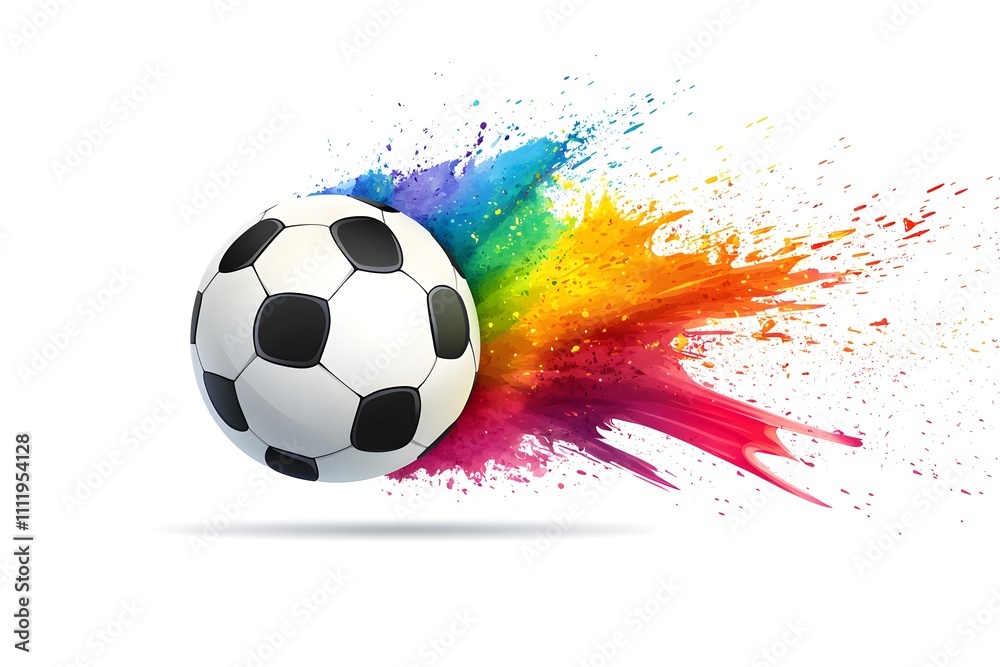 Fototapeta premium Soccer ball in motion with vibrant colorful paint splash, creative sports concept