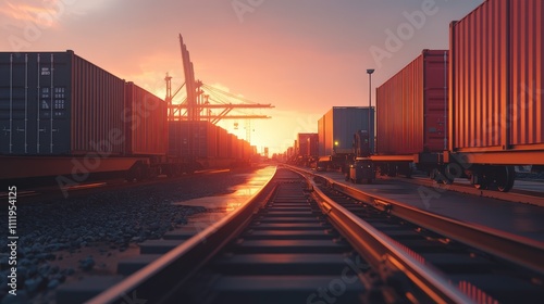 Sunset at a Shipping Yard with Cargo Containers and Trains, Capturing a Serene Industrial Landscape Bathed in Golden Light