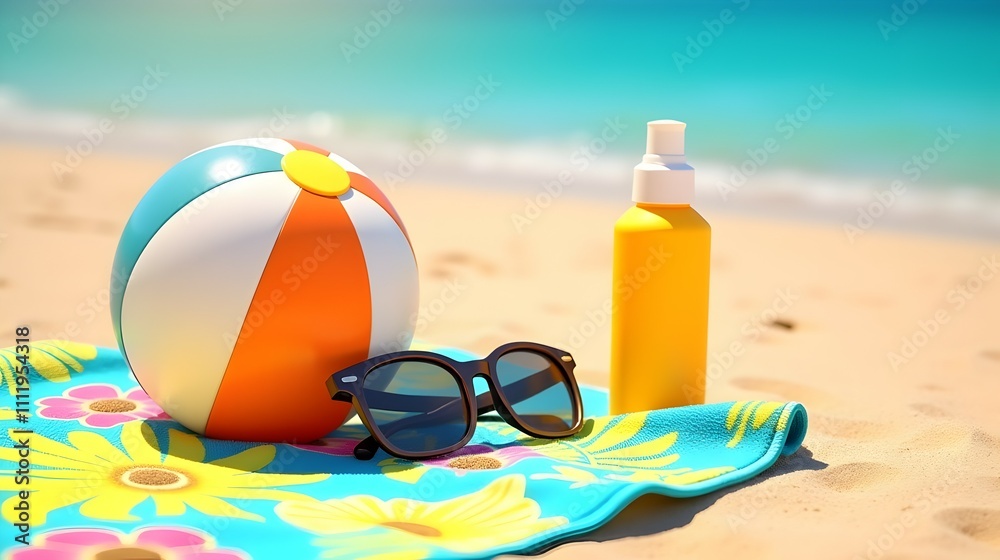 Beach day essentials: Sunglasses, sunscreen, and a beach ball await your sunny adventure! Relax and enjoy the summer vibes. Beach day essentials: Sunglasses, sunscreen, and a beach ball await your sunny adventure! Relax and enjoy the summer vibes.