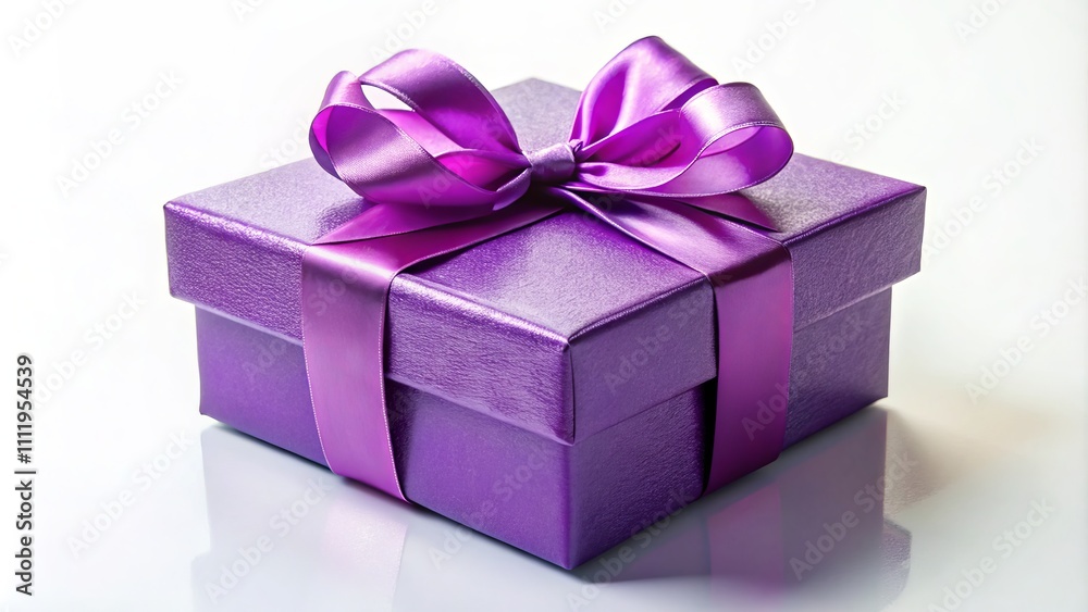 Elegant Purple Gift Box with Satin Ribbon for Spring Holidays, Isolated on White Background, Perfect for Celebrations, Birthdays, and Special Occasions, Attractive Present Idea