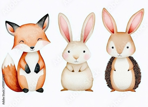 minimal photostock of a  Cute baby fox, deer animal nursery rabbit and bear isolated illustration for children