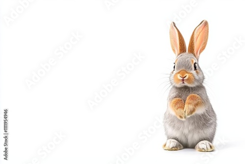 minimal photostock of a  Funny bunny or baby rabbit fur gray with long ears is standing for Easter Day on isolated white background photo