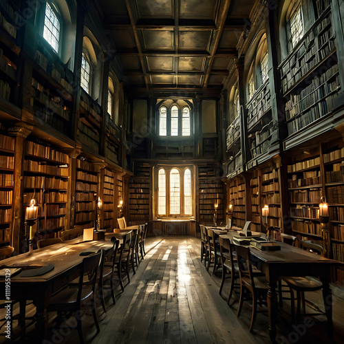 A Cursed Library with Decaying Bookshelves  Glowing Runes  and Moving Shadows in Faint Light