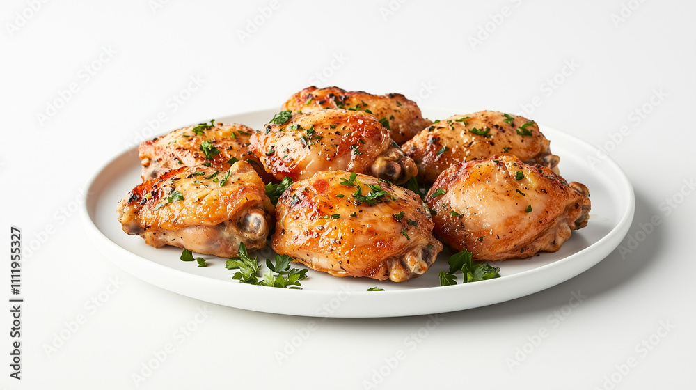 Juicy Grilled Chicken Thighs with Crispy Skin and Fresh Herbs on a White Ceramic Plate - Gourmet Food Presentation for Culinary Websites Juicy Grilled Chicken Thighs with Crispy Skin and Fresh Herbs on a White Ceramic Plate - Gourmet Food Presentation for Culinary Websites