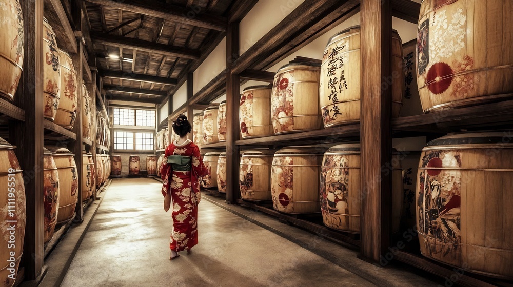Fototapeta premium Traditional Japanese Warehouse Interior with Antique Artifacts and Shelves