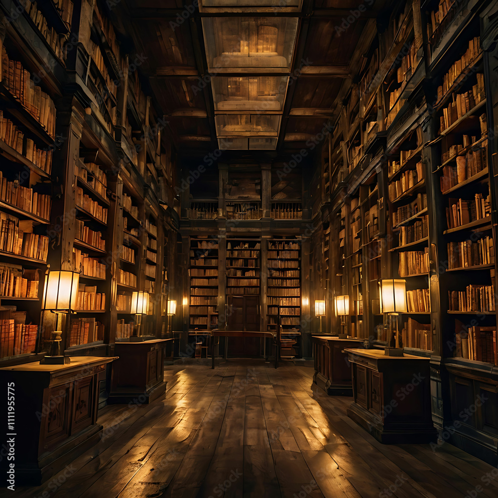 Fototapeta premium A Cursed Library with Decaying Bookshelves, Glowing Runes, and Moving Shadows in Faint Light