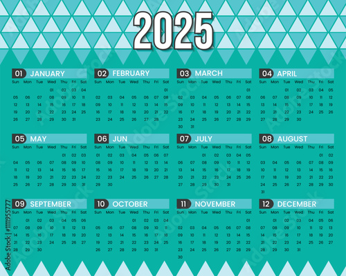 2025 Turquoise Calendar on Geometric Background
