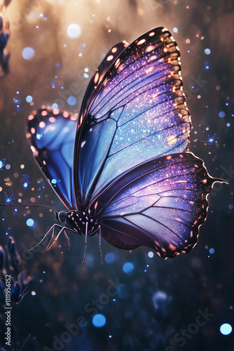 
Blue butterfly, glittering like diamonds on the wings and body of an insect with long legs, sparkling blue dots in background, light brown, light silver gray and dark gold style, purple butterfly  photo